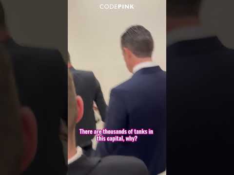 CONFRONTING SEC. HEGSETH  FROM DC TO PALESTINE: STOP  THE TANKS, STOP THE WAR